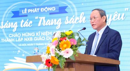 Ông Nguyễn Đức Thái – Chủ tịch HĐTV NXB Giáo dục Việt Nam phát biểu tại buổi lễ phát động cuộc thi sáng tác “Trang sách tôi yêu”. Ảnh: Thanh Tùng