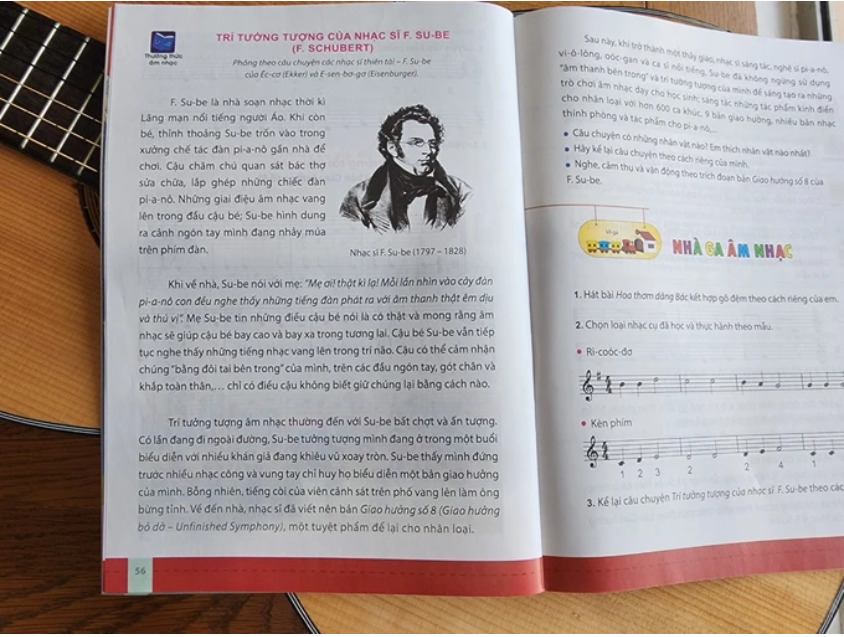 Những thông tin về các nhạc sĩ nổi tiếng trong và ngoài nước đều được trình bày, minh họa rất chi tiết, thú vị trong SGK Âm nhạc bộ Chân trời sáng tạo